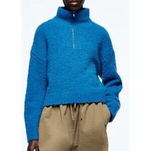 Zara knit fuzzy Sweater Women's Mock Neck Half Zip Cropped blogger favorite L